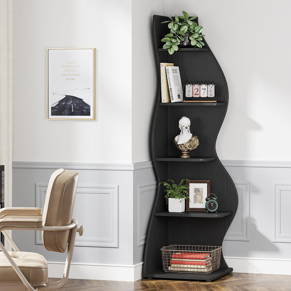Tribesigns Corner Shelf, Modern 5-Tier Wall Corner Bookshelf, Stylish Corner Small Bookcase Storage Rack Plant Stand with Unique Shape for Living Room, Home Office, (1PC, Black) Tribesigns
