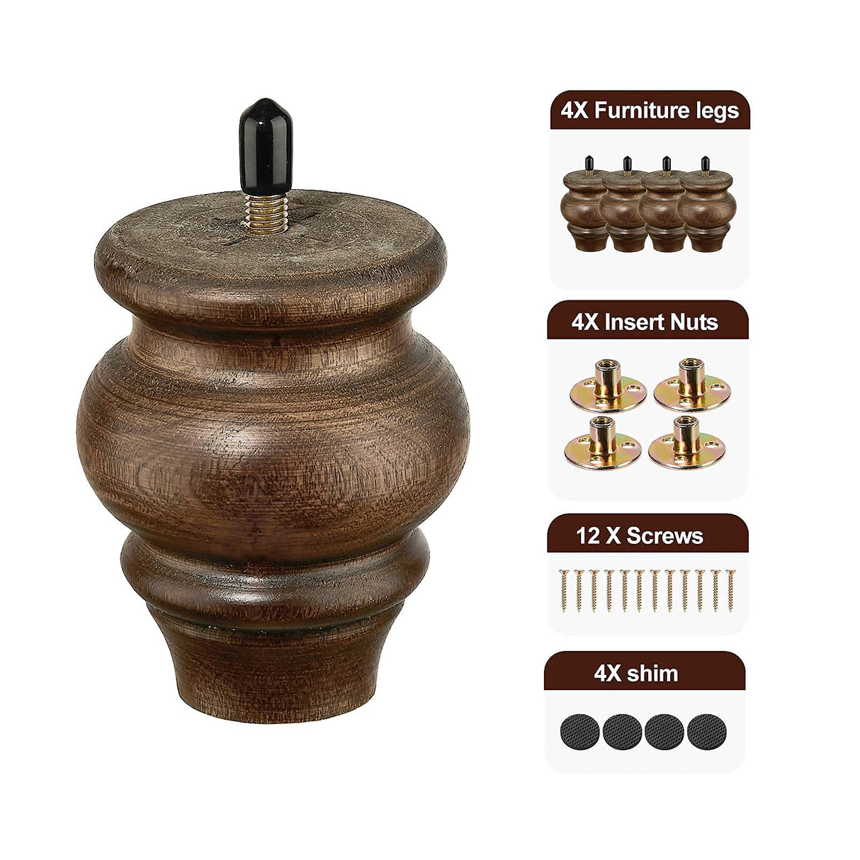 SHANJUE Wood Furniture Legs 3.5 inch Sofa Legs Set of 4 Round Brown Couch feet Sofa Replacement Parts for cabinets Armchair Recliner Coffee Table SHANJUE