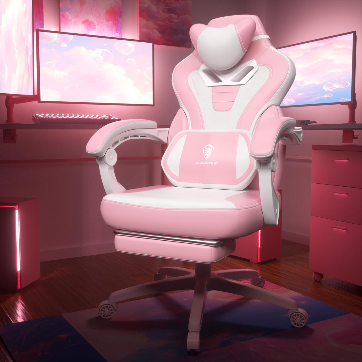Dowinx Gaming Chair with Footrest, Big and Tall Gaming Chair for Heavy People, Computer/PC Gamer Chair for Adult with Massage (Pink) Dowinx