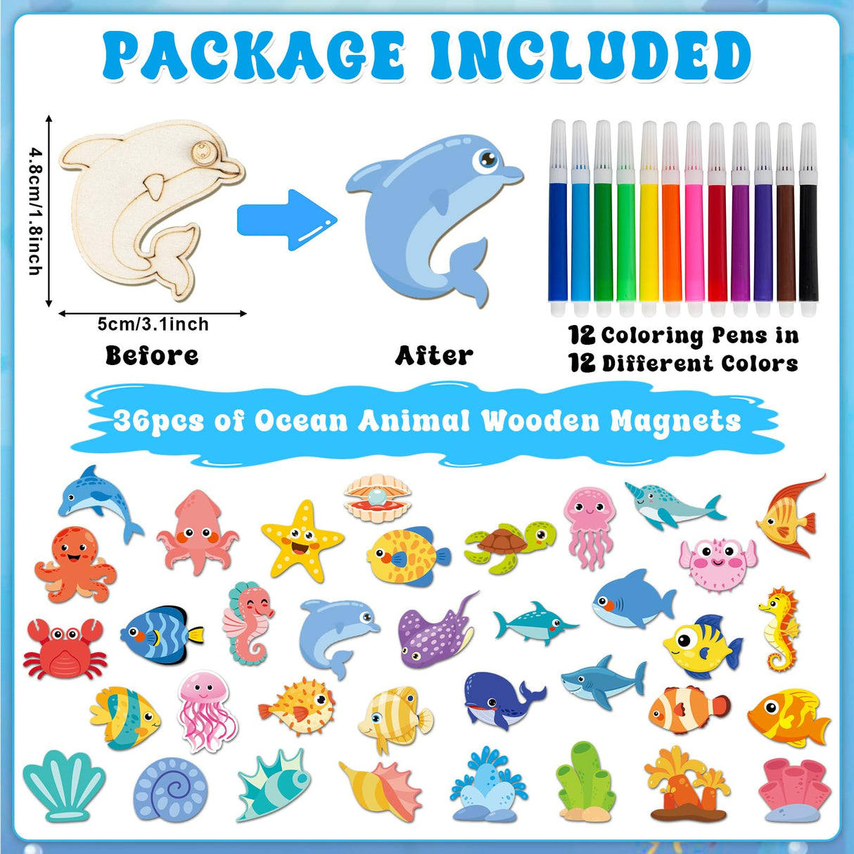 gisgfim 36Pcs Wooden Magnet Painting Craft Kit DIY Wooden Ocean Animal Magnets Coloring Arts Crafts for Kids Ages 4-8 8-12 for Birthday Party Gift Toys Sea Animal Craft Creativity Supplies Party Favor gisgfim