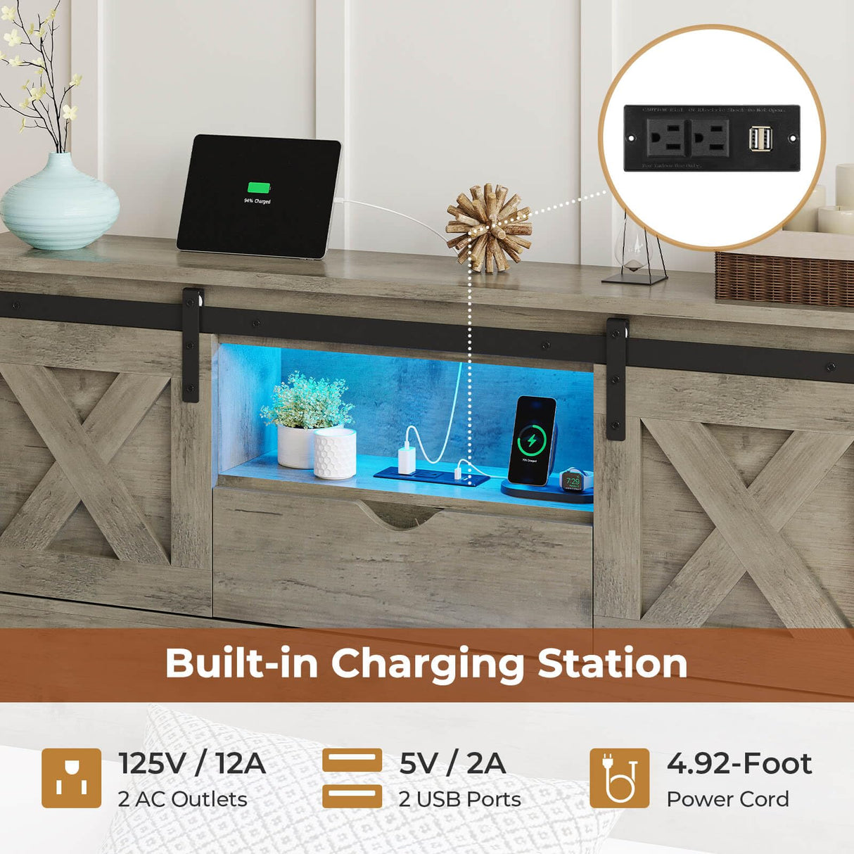 Hasuit Farmhouse Bed Frame Twin Size with 2 Storage Drawers, Wooden Platform Twin Bed with LED Lights and Charging Station, Rustic Accent Headboard with Sliding Barn Door Storage Cabinets Hasuit