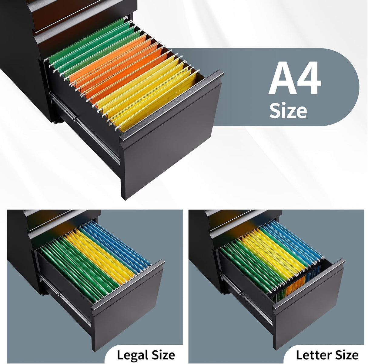 Guizeeopo Filing Cabinets for Home Office, Mobile File Cabinet with Lock, 3 Drawer Filing Cabinet for A4/Letter/Legal Size Folder, Fully Assembled Except Casters, Matte Black Guizeeopo