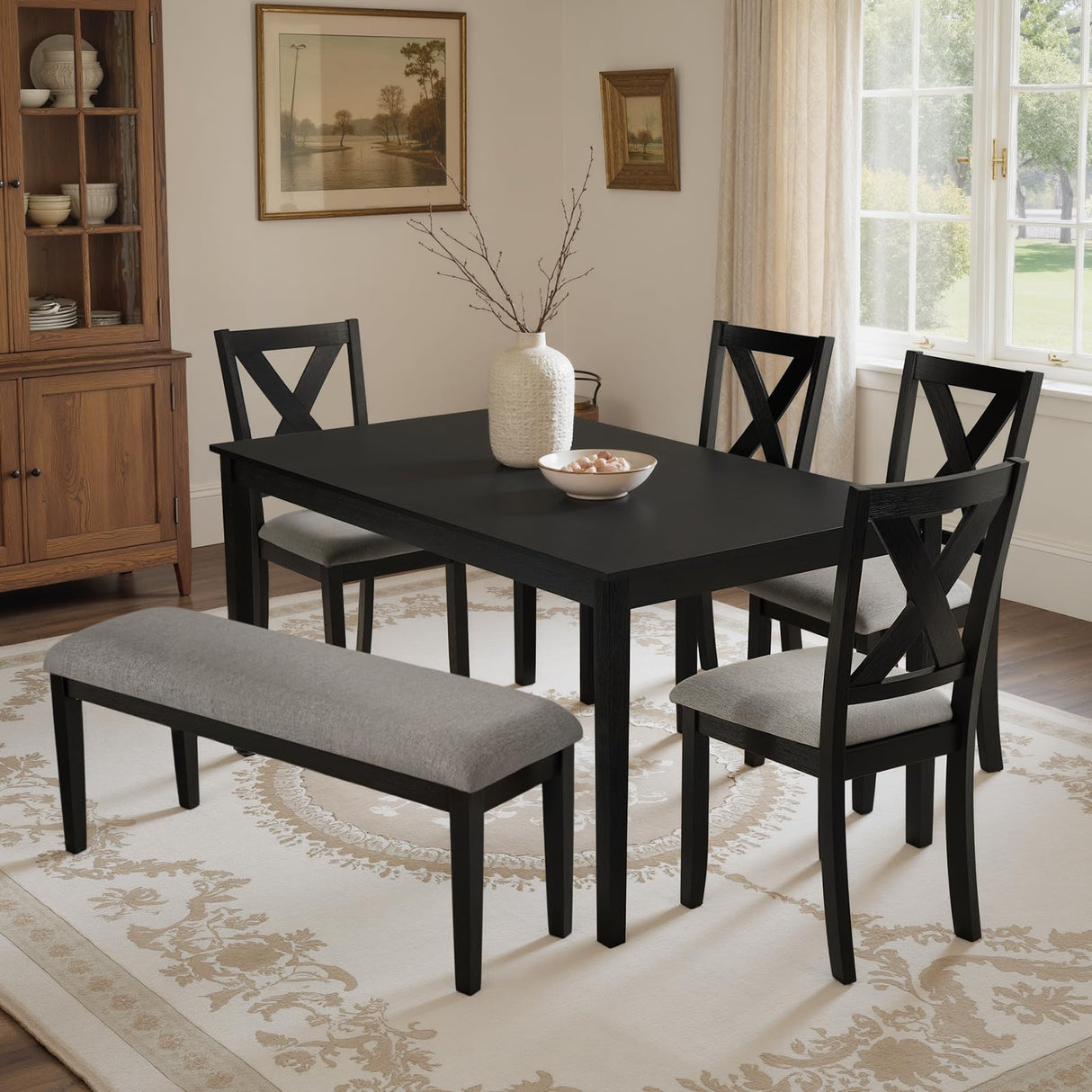 SIMTONAL Modern 6-Piece Dining Set with 4 Upholstered Chairs and Bench – Solid Wood Table Set for Kitchen or Dining Room, Black SIMTONAL