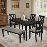 SIMTONAL Modern 6-Piece Dining Set with 4 Upholstered Chairs and Bench – Solid Wood Table Set for Kitchen or Dining Room, Black SIMTONAL
