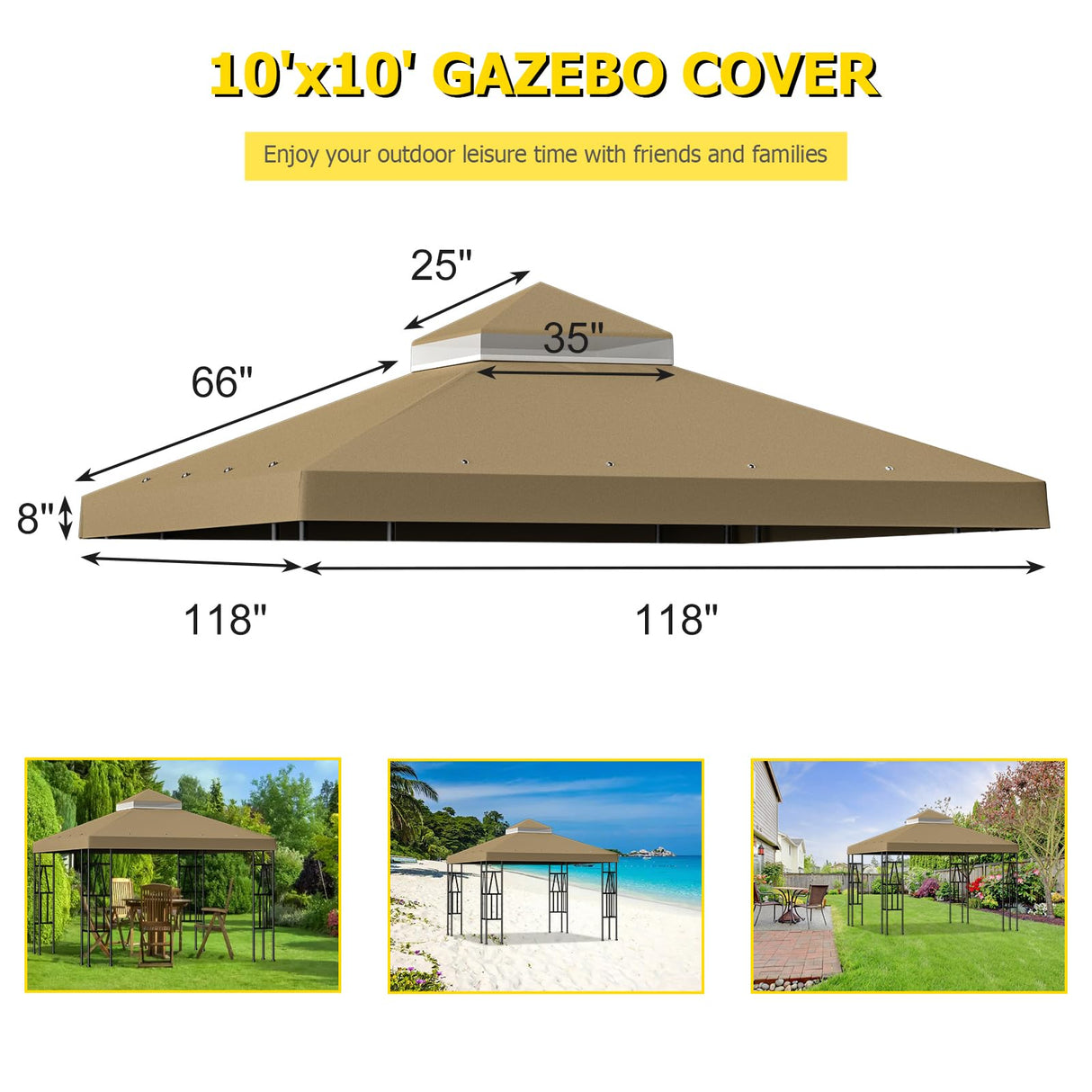 10'x10' Replacement Canopy Top Cover Only for Gazebo, Double Tiered Gazebo Covers for Outdoor Patio Garden Canopy Upgraded 2025 (Khaki) Big Lighting Deals