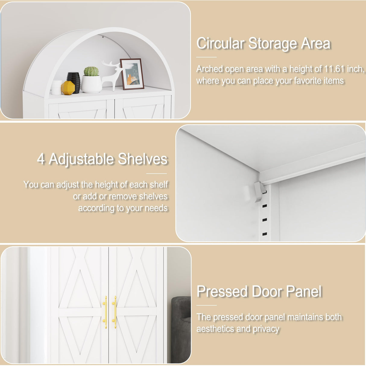 GAIOUS 73" Tall Metal Arched Kitchen Pantry Cabinet, Modern Farmhouse Storage Cabinets with 2 Doors & 4 Adjustable Shelves, 6-Tier Cupboard with Open Storage Area, Versatile Bookcase/Hutch-White GAIOUS