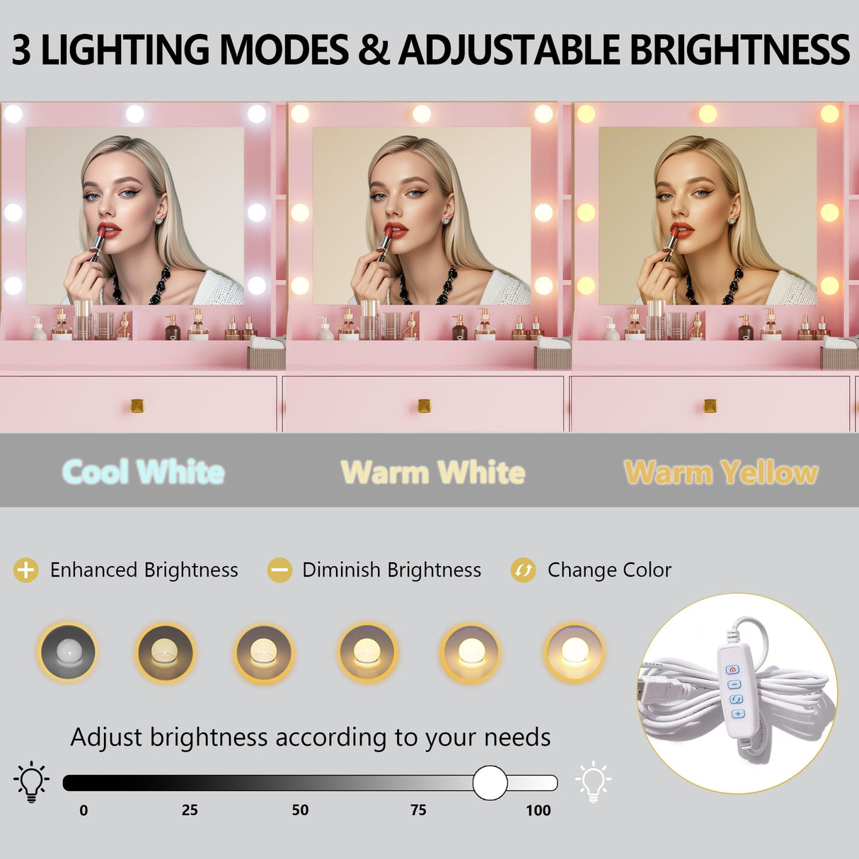 Vanity Desk with Mirror and Lights, Small Makeup Vanity Table with RGB Storage Cabinet & Power Strips & Shelves, 3 Lighting Modes & Adjustable Brightness, Dressing Table for Women Girls Bedroom, Pink Xixini