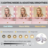 Vanity Desk with Mirror and Lights, Small Makeup Vanity Table with RGB Storage Cabinet & Power Strips & Shelves, 3 Lighting Modes & Adjustable Brightness, Dressing Table for Women Girls Bedroom, Pink Xixini