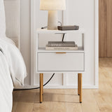 Masupu Nightstand with Charging Station,Mid-Century Modern Bedside Table with Storage Drawer and Open Wood Shelf,Small Gold Frame Side Table for Bedroom,Living Room (White) Masupu