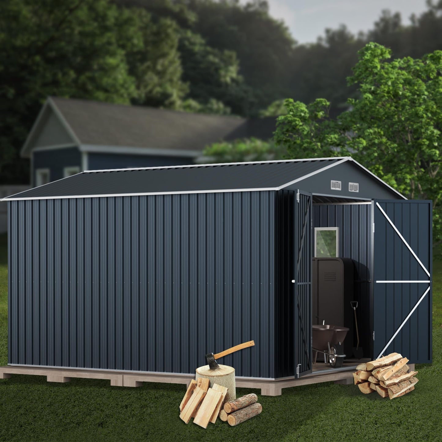 MistMo 10X12X7.5 FT Outdoor Steel Storage Shed with Lockable Doors, 2 Windows, Transparent Roof Panels, Frame Floor (Wood Panels Not Included), Ideal for Garden, Backyard, Patio Storage - WoodArtSupply