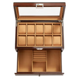 Homruilink 10-Slot Wooden Watch Box, Wood Watch Case with Drawer, Watch Display Box with Glass Lid, 2-Layer Watch Holder for Jewelry and Watch Storage for Men Women Homruilink