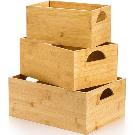 DEAYOU 3 Pack Bamboo Storage Bin, Bamboo Storage Box Crate, Natural Nesting Organizer, Stackable Cubby Basket Container Holder with Handle for Display, Book, Toy, Snack, Decor, Modular Open, 3 Sizes DEAYOU