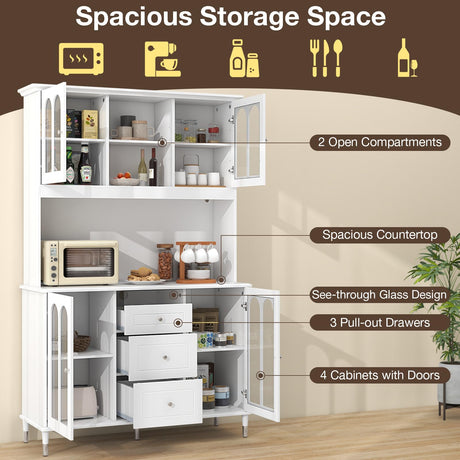 LOKO 73'' Kitchen Pantry Storage Cabinet, Freestanding Buffet Cabinet with LED Lights & Power Outlets, Kitchen Hutch with Microwave Stand, Adjustable Shelves, Doors and Drawers, for Dining Room, White LOKO