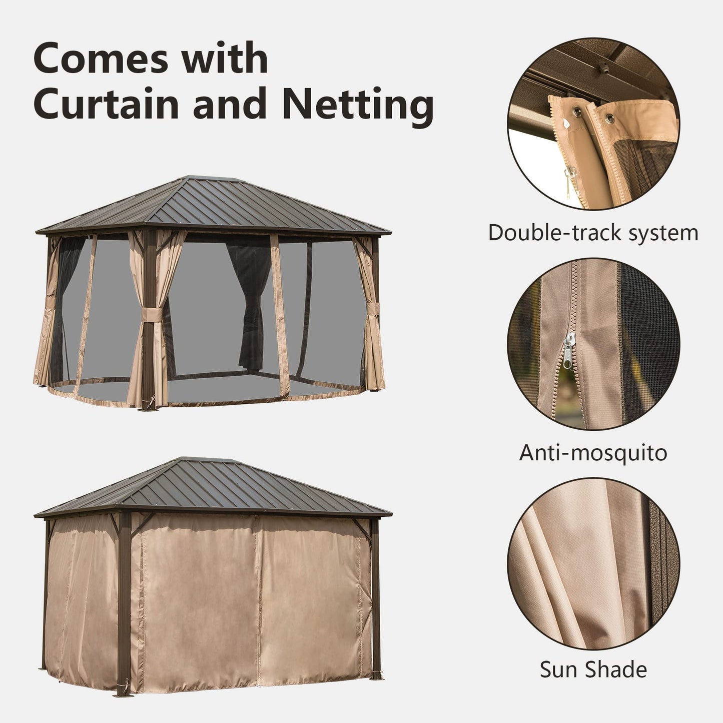 Domi Hardtop Gazebo 10' X 12', Permanent Outdoor Galvanized Steel Roof Gazebo with Aluminum Frame, Pavilion Metal Gazebos with Netting & Curtains for Garden, Patios, Lawns, Parties(Dark Brown - WoodArtSupply