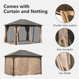 Domi Hardtop Gazebo 10' X 12', Permanent Outdoor Galvanized Steel Roof Gazebo with Aluminum Frame, Pavilion Metal Gazebos with Netting & Curtains for Garden, Patios, Lawns, Parties(Dark Brown) domi outdoor living