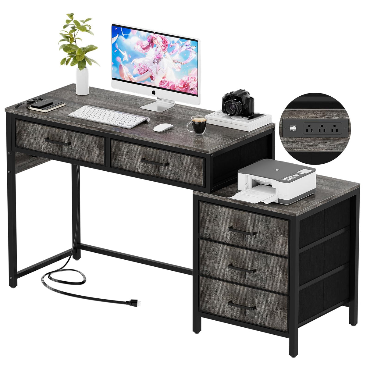 Unikito Computer Desk with 5 Drawers, Reversible Home Office Desk with Power Outlets, Sturdy Writing Desk with File Cabinet and Printer Stand, Vanity Desk with Storage for Small Space, Black Oak Unikito
