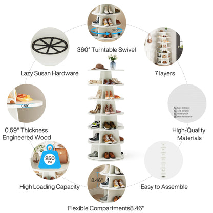 Tribesigns Rotating Shoe Rack, 7-Tier Revolving 24 Pairs Shoe Storage Shelf Tower, Modern Free Standing Wood Space-Saving 360° Spinning Shoe Organizer, Lazy Susan Shoe Rack for Entryway, Whit - WoodArtSupply