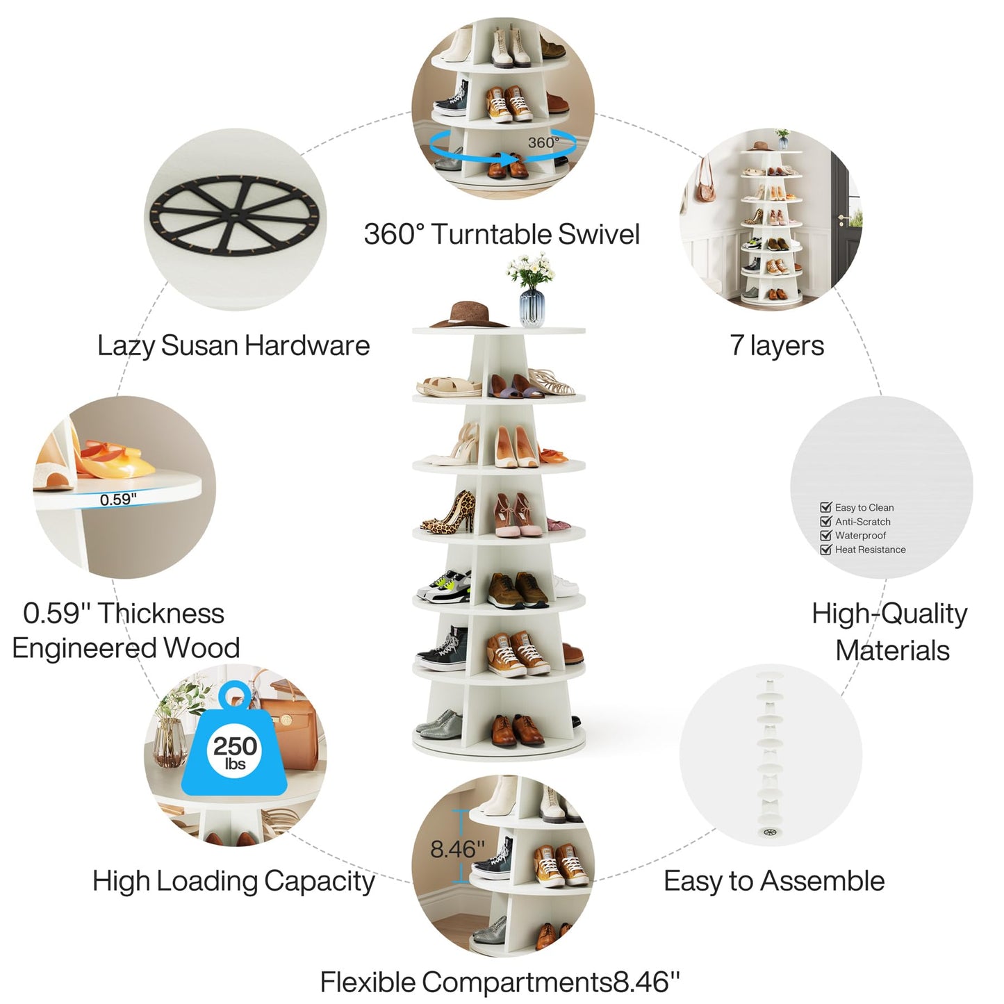 Tribesigns 7-Tier Shoe Rack for Closet, 24 Pairs Rotating Shoe Rack Tower, 360° Revolving Shoe Rack, Wood Shoe Storage Organizer, Vertical Lazy Susan Spinning Shoe Rack for Entryway, Hallway, - WoodArtSupply