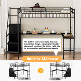 Linique Full Size Gaming Loft Bed with L-Shaped Desk, LED and Charging Station, Metal Loft Bed with Wardrobe and 2 Fabric Drawers for Kids, Teens, Adults, Black Linique