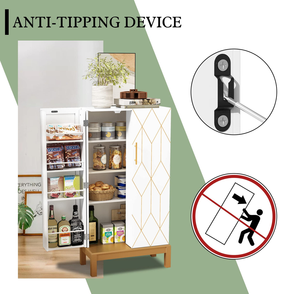 ARTPOWER 45'' Kitchen Pantry Cabinet with Gold Trim, Pantry Cabinets with Doors and Adjustable Shelves, Food Pantry Cabinet for Kitchen, Dining Room and Living Room,Classic White Cabinet with Gold Leg ARTPOWER