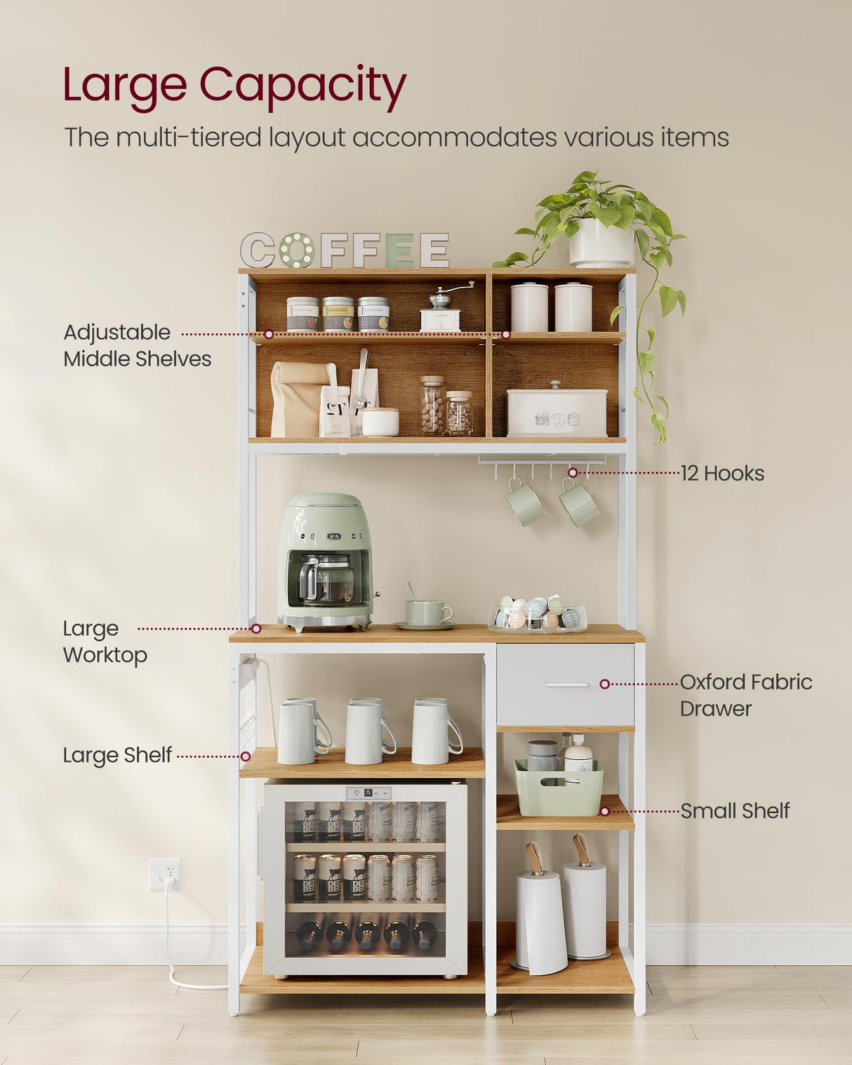 VASAGLE Bakers Rack with Charging Station, Coffee Bar with Adjustable Storage Shelves, Fabric Drawer, 12 Hooks, 15.7 x 39.4 x 71 Inches, Kitchen Microwave Stand, Golden Oak and Cloud White UKKS027Y01 VASAGLE