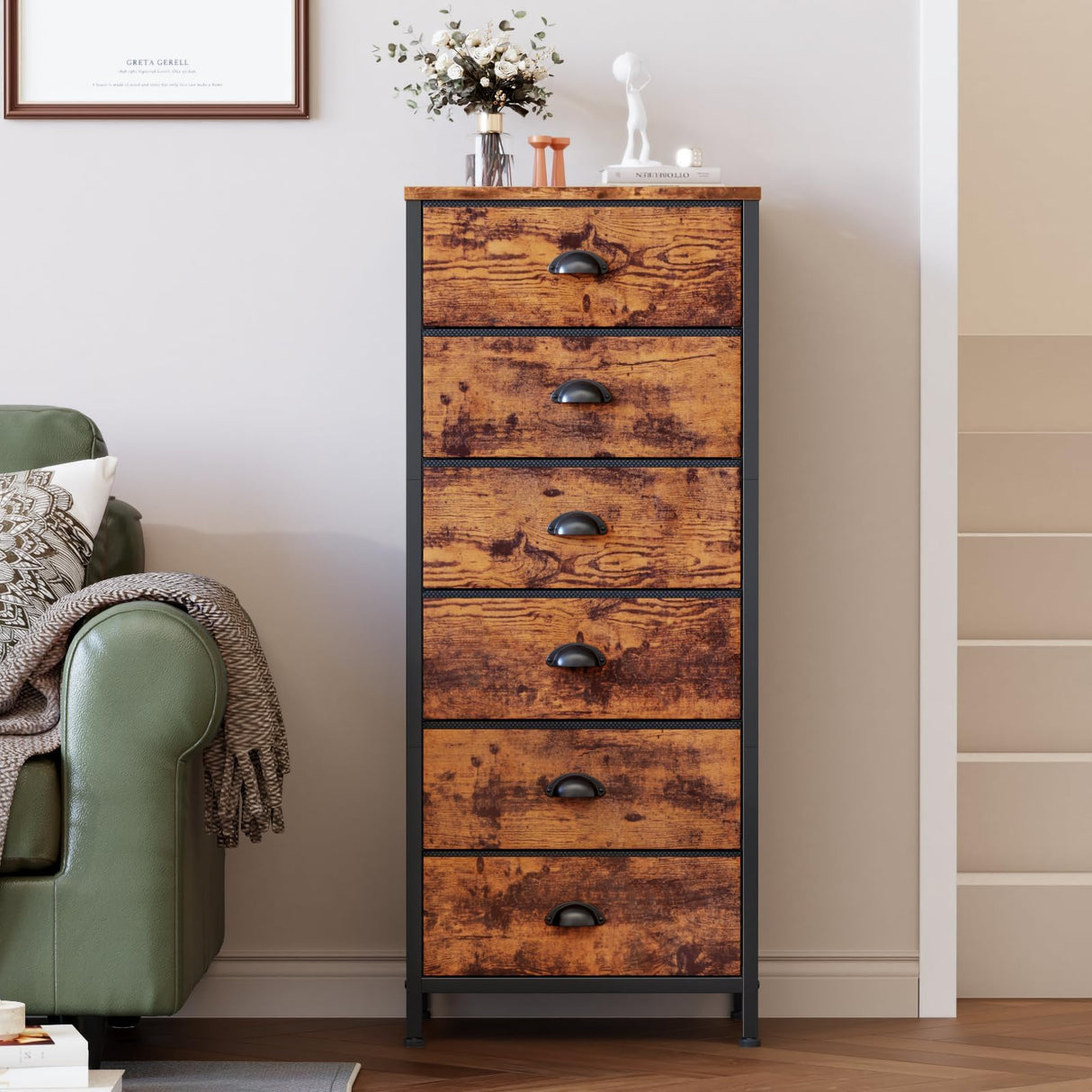 Furnulem Tall Dresser with 6 Drawers,Vertical End Table and Nightstand for Bedroom,Industrial Dorm Bedside Furniture with Fabric Storage Drawer Organizer in Living Room,Closet,Entryway(Rustic Brown) Furnulem