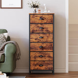 Furnulem Tall Dresser with 6 Drawers,Vertical End Table and Nightstand for Bedroom,Industrial Dorm Bedside Furniture with Fabric Storage Drawer Organizer in Living Room,Closet,Entryway(Rustic Brown) Furnulem