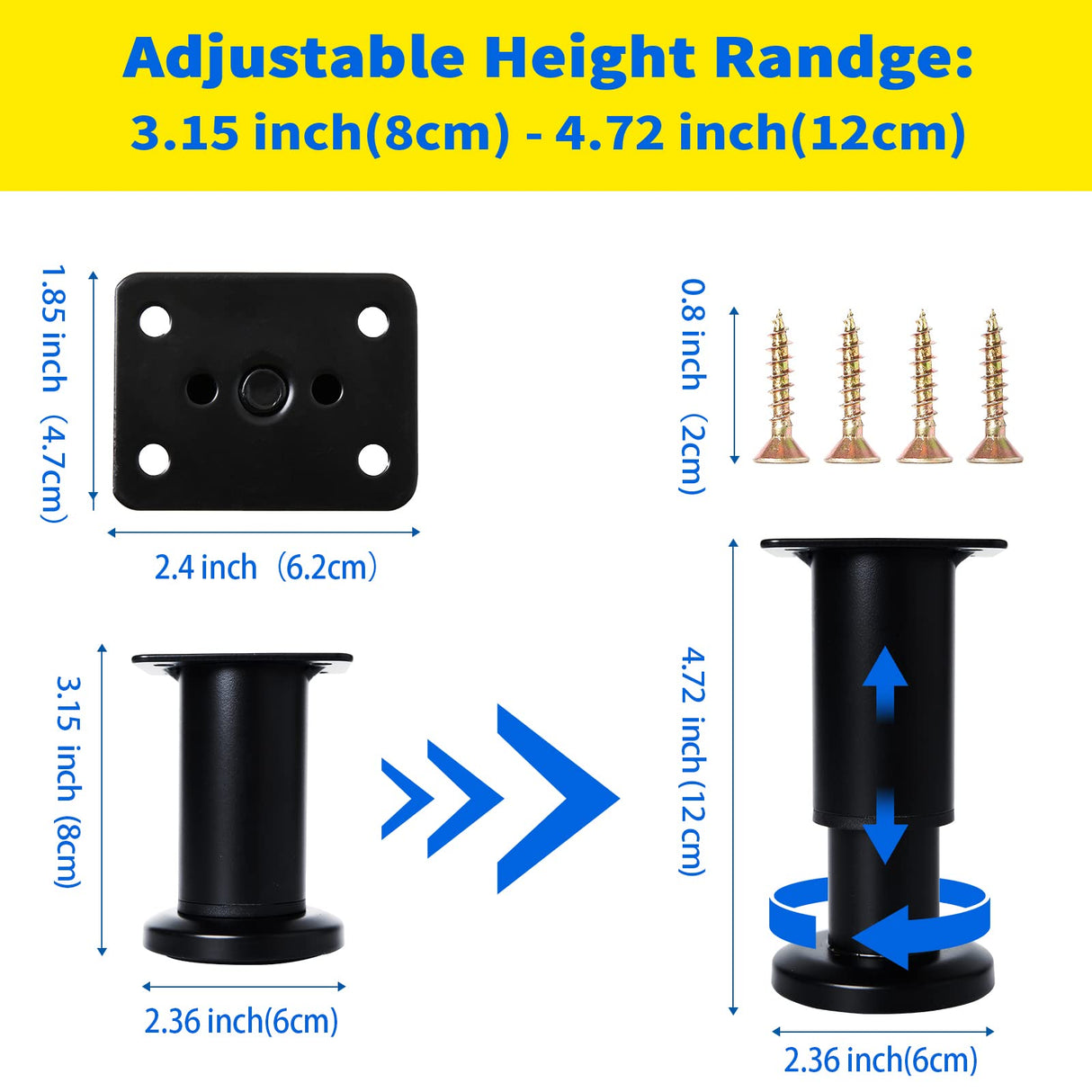 Olldag 4 Pcs Adjustable Height Furniture Support Legs [with Screws] 3.15-4.72 inch, Metal Heavy Duty Furniture Replacement Legs for Chair/Bed/Sofa/Cabinet/Couch/Dresser/Bed/Table (Black) Olldag
