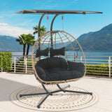 Jadoxy 2 Person Hanging Egg Chair with Canopy, Outdoor Rattan Swing Hammock Basket Chair with Soft Cushion, Wicker Egg Chair for Outdoor Patio, Balcony, Garden (Black) Jadoxy