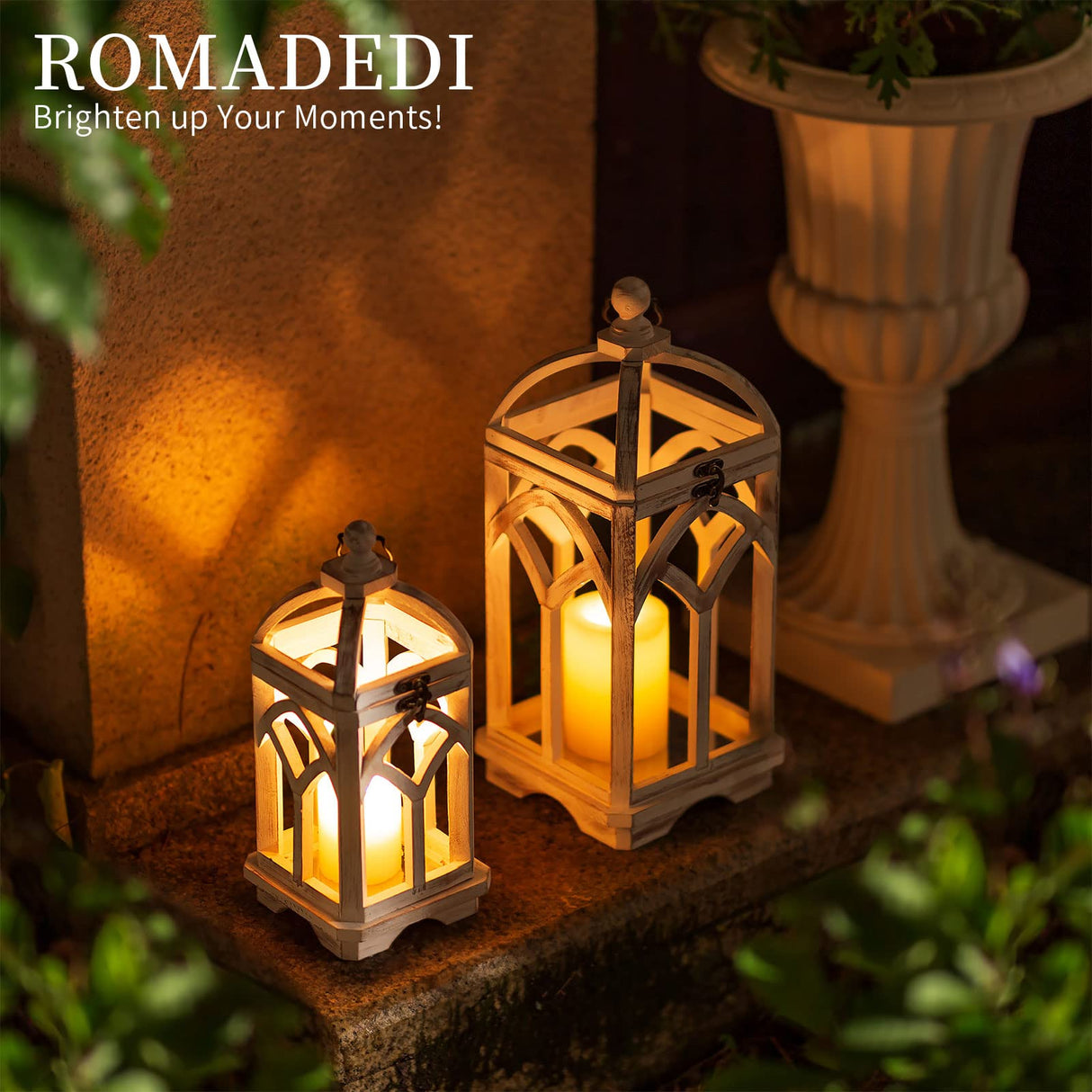 Romadedi Decorative Candle Lantern Wood - Rustic Wooden Lantern for Farmhouse Home Living Room Shelf Patio Table Decoration Christmas Holloween Wedding Party Table Centerpiece, Washedwhite Romadedi