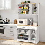 Huisenitre 70 inch Kitchen Pantry Cabinet with Ports, Pantry Cabinet with Microwave Rack, Farmhouse Style Kitchen Pantry with Storage Drawers, Suitable for Living Room, Dining Room, etc (White) Huisenitre