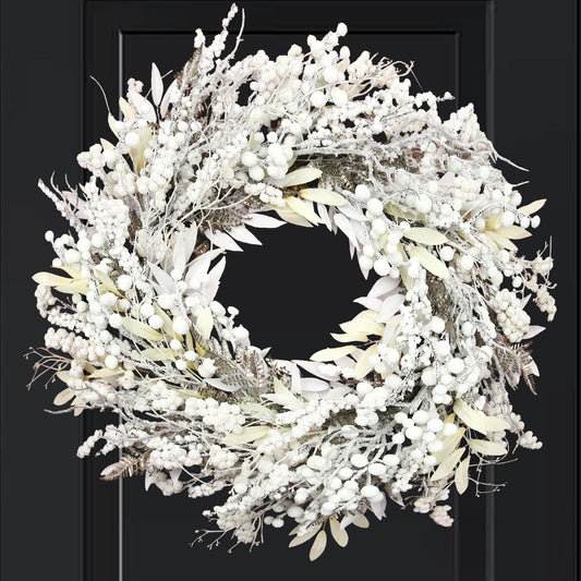 BINFEN 24" Christmas Wreaths for Front Door, White Berries Leaves Winter Xmas Wreath Outdoor Holiday Decoration, Door Reef for Farmhouse Front Porch Wall Window