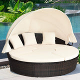 COSTWAY Patio Round Daybed with Retractable Canopy, Wicker Furniture Sectional Couch with Separate Cushioned Seats, Adjustable Table Top, Patio Rattan Daybed Sofa for Backyard, Poolside, White COSTWAY
