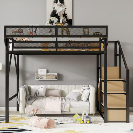 Queen Size Loft Bed Frame for Adults, Metal Lofts Bed Queen with Stairs & Storage Shelves, Heavy Duty High Loft Bed with Wardrobe,Queen Loft Bunk Bed with Desk No Box Spring Needed, No Noise-Black JIJIWANG