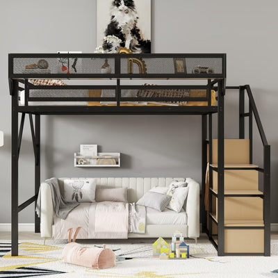 Queen Size Loft Bed Frame for Adults, Metal Lofts Bed Queen with Stairs & Storage Shelves, Heavy Duty High Loft Bed with Wardrobe,Queen Loft Bunk Bed with Desk No Box Spring Needed, No Noise-Black