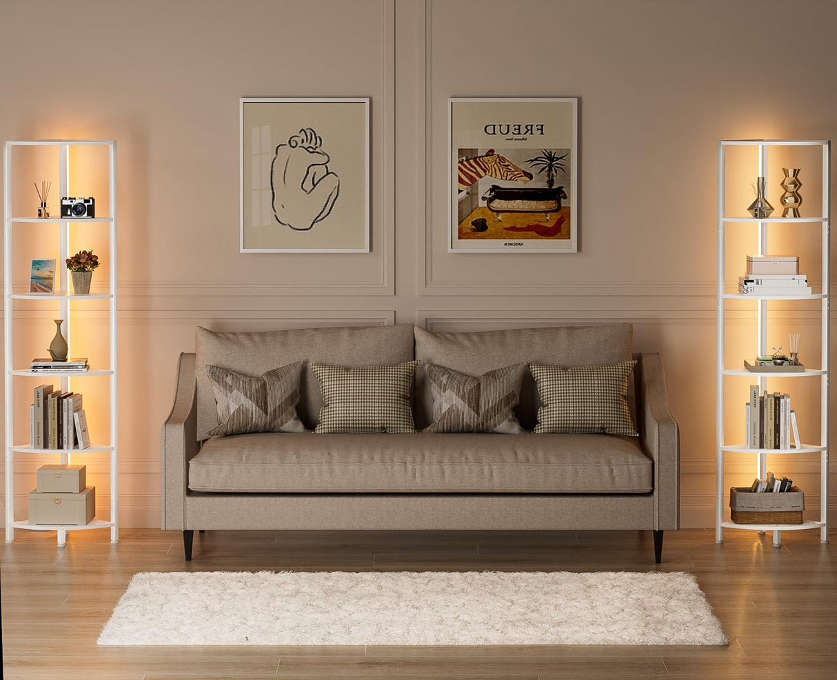 Furnulem 6 Tier Corner Shelf with LED Light, 67.5” Tall Standing Shelf Organizer, White Narrow Bookshelf with Storage Rack for Wall Corner, Living Room, Bedroom, Metal Frame, Wood Display Shelf Furnulem