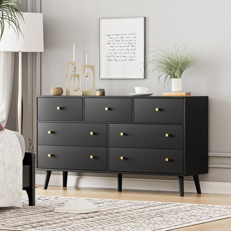 Wananlanen 7 Drawers Dresser for Bedroom, 55'' Dressers & Chests of Drawers with Gold Handles and 7 Large Drawer, Modern Double Wooden Storage Organizer Cabinet, Hallway, Black Wananlanen
