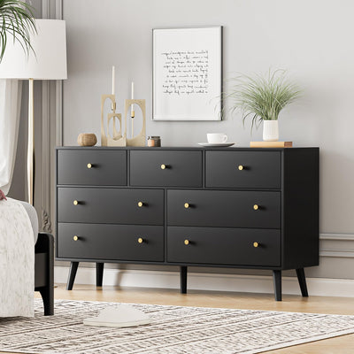 Wananlanen 7 Drawers Dresser for Bedroom, 55'' Dressers & Chests of Drawers with Gold Handles and 7 Large Drawer, Modern Double Wooden Storage Organizer Cabinet, Hallway, Black