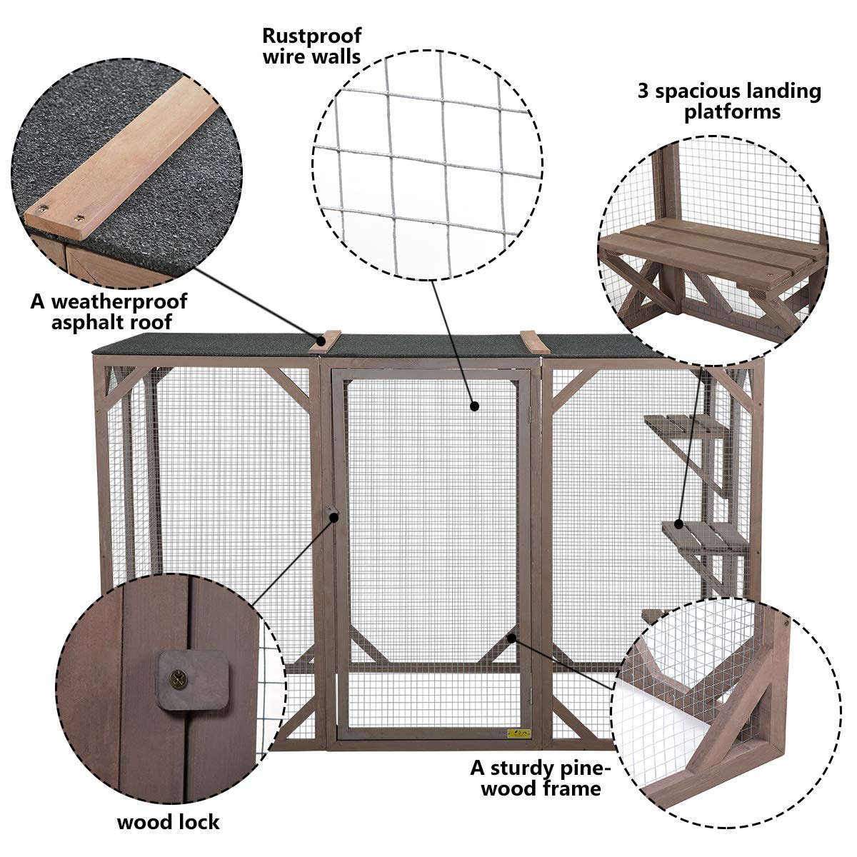 NBTiger Wood Cat Enclosure Catio Cage Pet Playhouse Run House Cage with 3 Activity Platforms, Small Animals Outdoor Pet Kennel Playpen 71'' x 32'' x 43'' - WoodArtSupply