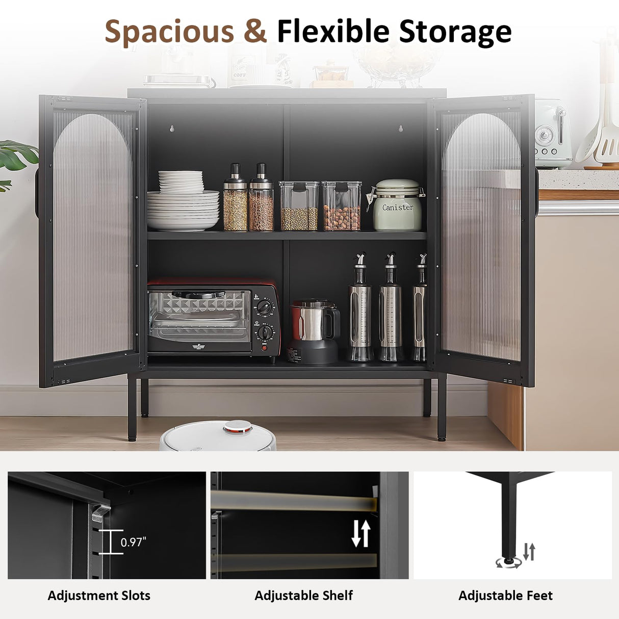 FURSTEL Buffet Cabinet, Modern Industrial Style Sideboard Buffet Cabinet, with Adjustable Shelves Credenza for Living Kitchen Dining Farmhouse, 15.8" L x 27.6" W x 35" H Black FURSTEL