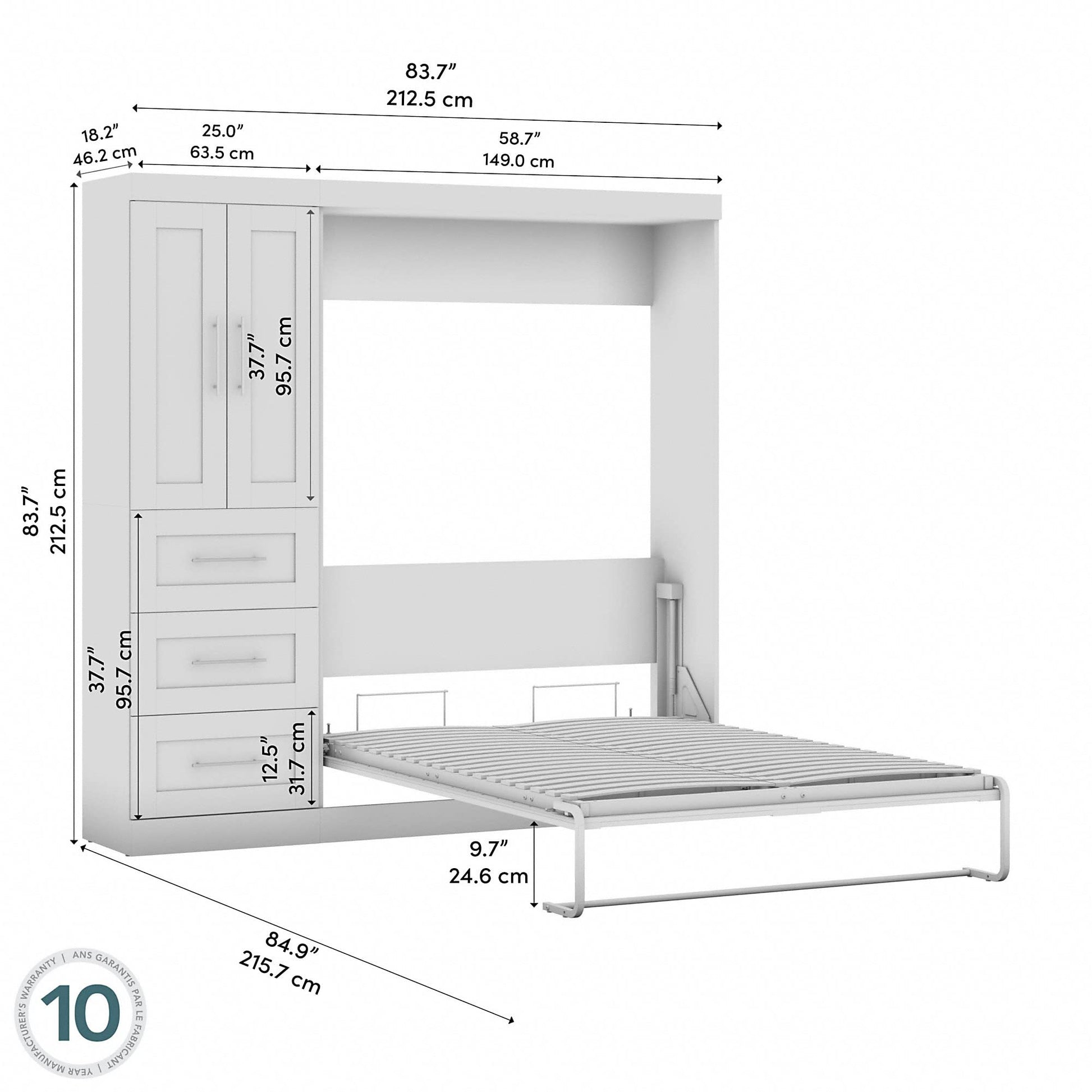 Bestar Pur Full Murphy Bed with Closet Organizer in White - Versatile Space-Saving Solution for Multi-Purpose Rooms - WoodArtSupply