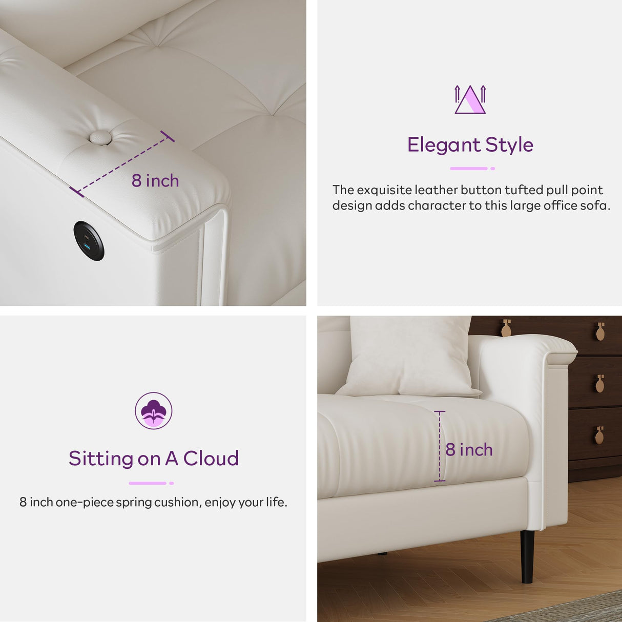 TYBOATLE 85" W White Faux Leather Sofa Couches for Living Room, Mid-Century Modern Tufted Comfy Small Loveseat w/USB and Wide Arms, 2/3 Seater Office Couch for Small Space Apartment Bedroom Furniture TYBOATLE