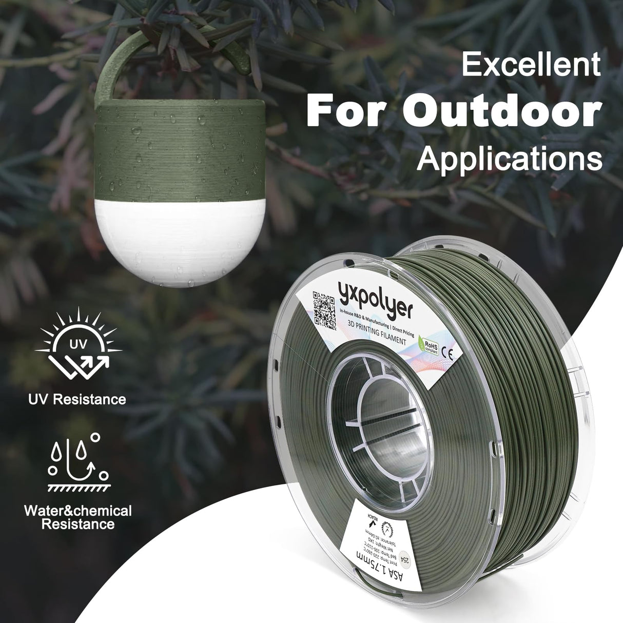 ASA Filament 1.75mm 1kg Olive Green, UV & Heat & Weather Resistant 3D Printer Filament for Outdoor Camping Hiking Beach Playing, with AMS-Compatible Spool yxpolyer