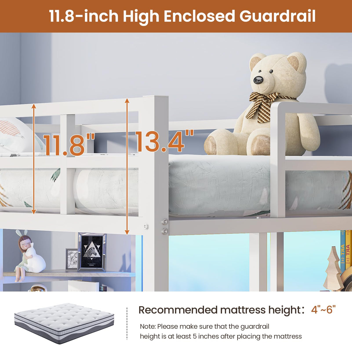 MSmask Loft Bed Twin Size with L Shaped Desk, LED Lights, Charging Station, Heavy Duty Metal Loft Bed Frame with 6 Storage Shelves, Safety Guard & Ladder, No Box Spring Needed, No Noise, White MSmask