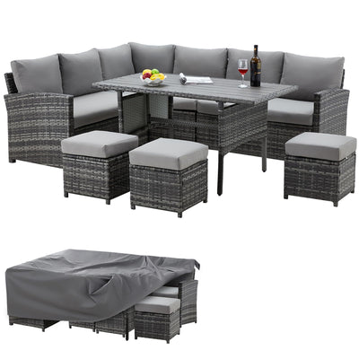 AECOJOY 7 Pieces Patio Furniture with Cover, Wicker Rattan Outdoor Set Clearance with Dining Table&Chair, Grey