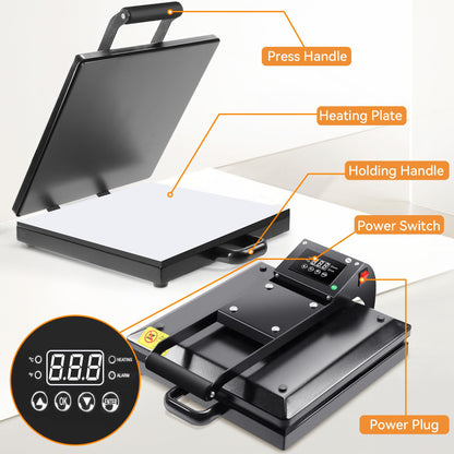 Rengue Heat Press, 15"x15" Clamshell Sublimation T Shirt Press Machine, Fast Heat-up with Digital Precise Temperature Control for T-Shirts, Bags, Mats, Puzzles,Garments,1200W - WoodArtSupply