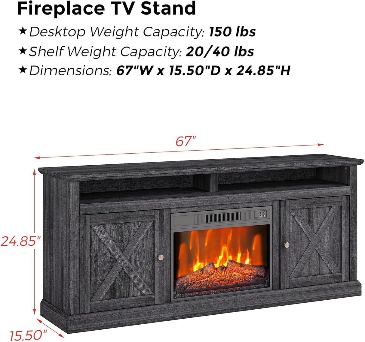 Electric Fireplace, Fireplace TV Stand for Television up to 58" Heater TV Stand, Freestanding Electric Fireplace Heater, Adjustable Flame, Fireplace Insert with Remote Control & Storage Cabinets Takywep