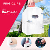 Frigidaire EFMIS129-WHITE White Mini Personal Fridge Cooler, 1 Gal Capacity fits Six Cans, Includes Plugs for Home Outlet & DC Charger-9.84" D x 7.09" W x 10.35" H, standard Frigidaire