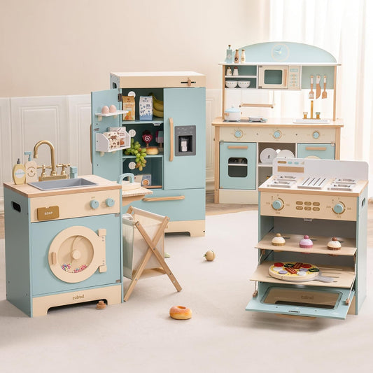 ROBOTIME Wooden Toddler & Kids Kitchen Playset, Wooden Kitchen Toy Playset with Oven, Fridge and Washing Machine, Wooden Kitchen Set Gift for 3+ Year Old Kids, Girls & Boys