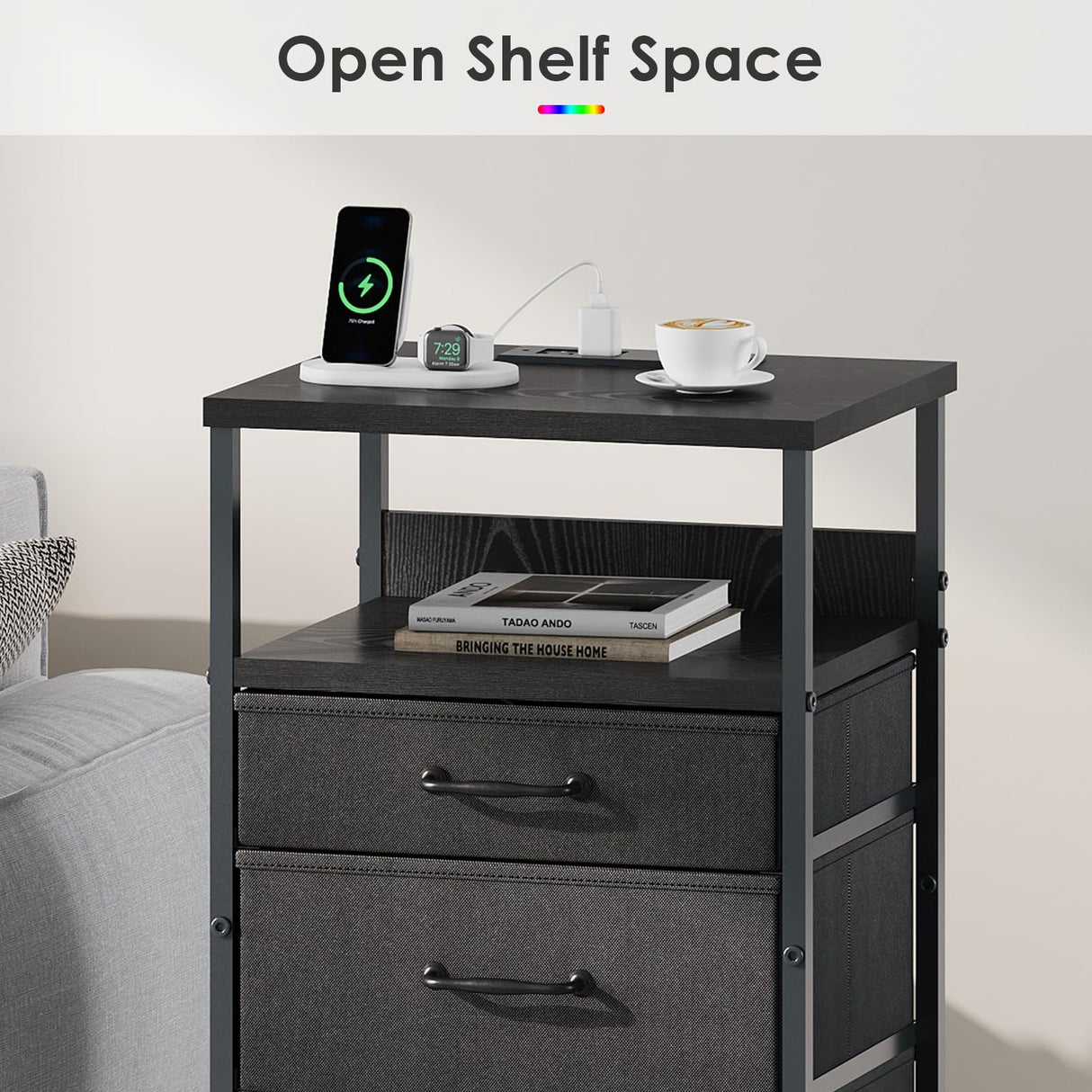 YeTom Nightstand with Charging Station Set of 2, LED Night Stand with 3 Fabric Drawers, Side Table with Open Shelf, End Table with Steel Frame, 3 Drawer Dresser for Bedroom, Black YeTom